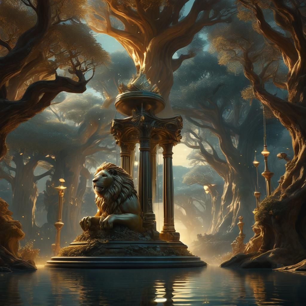 Mystical Oasis with Lion-Phoenix and Golden Hourglass