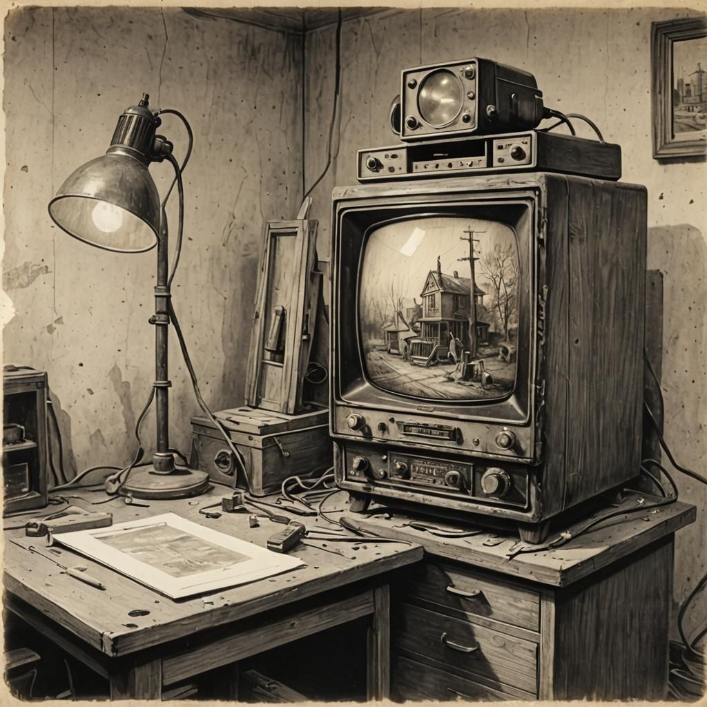 Vintage TV Calibration Pencil Drawing in Repair Shop