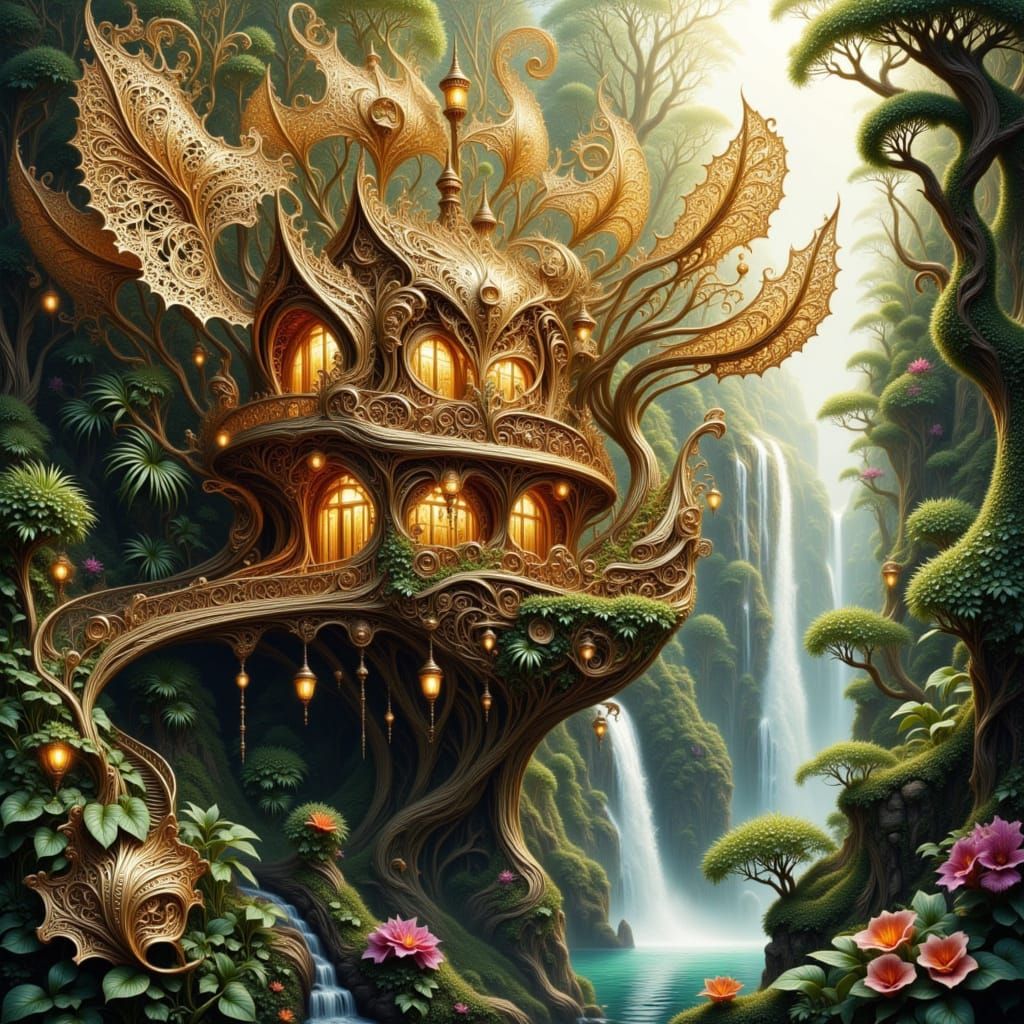 Pirate Ship Treehouse in Forest Canyon with Waterfall