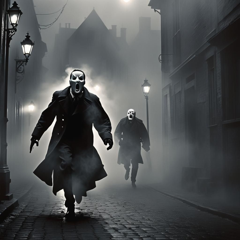 Dieselpunk Horror: Man Pursued in Foggy Street