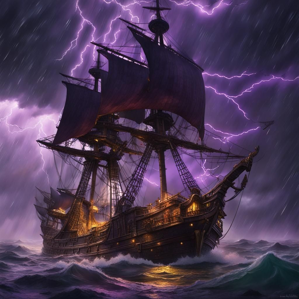 Pirate Ship in Thunderstorm: Dark Fantasy Concept Art
