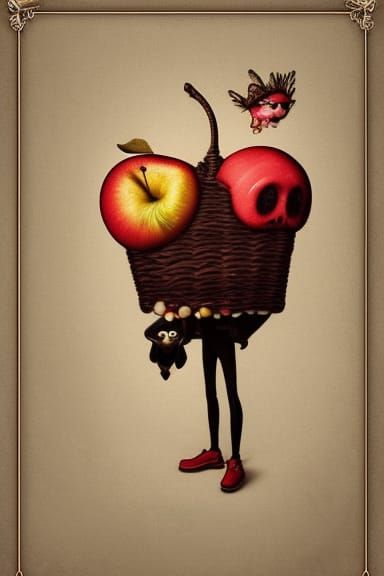 Anthropomorphic Apple Puppy in Dark Surrealist Style