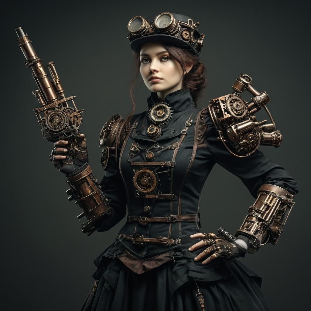 Steampunk Woman with Weaponized Artificial Arms