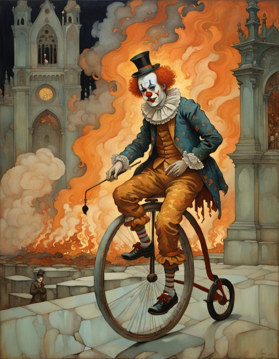 Sorrowful Clown at Burning Cathedral in Surreal Style