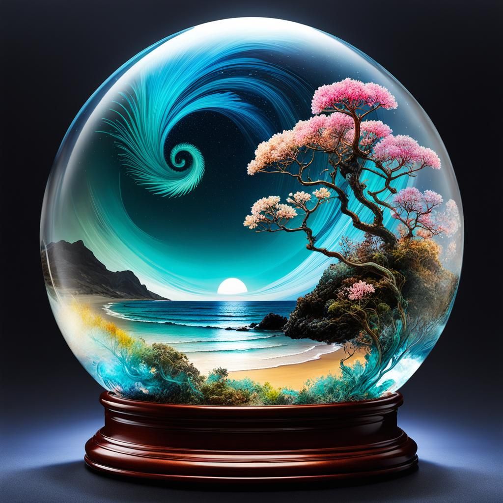 Bioluminescent Flower Globe: Double Exposure Seascape