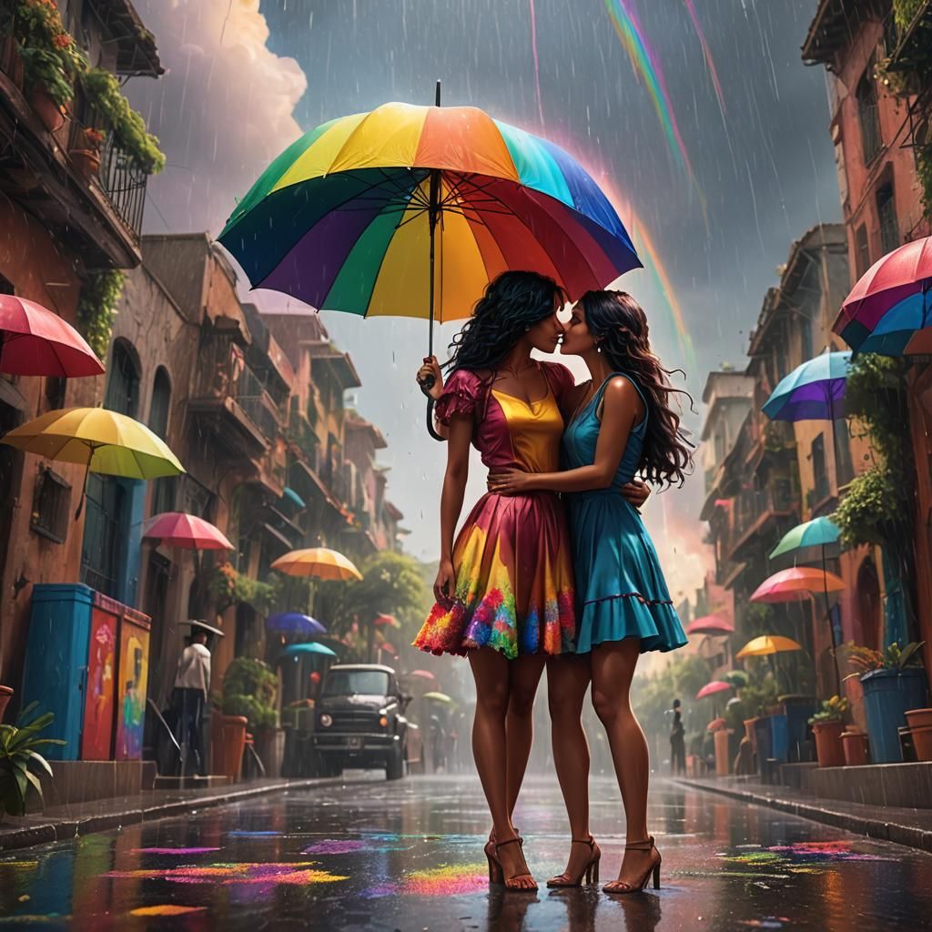 Latina Women Kissing Under Rainbow Umbrella