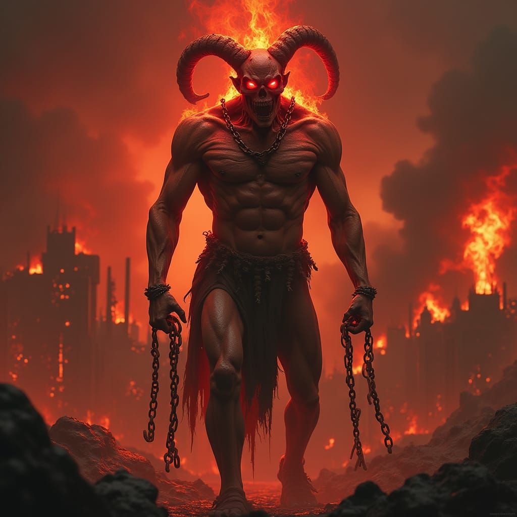 Demonic Figure in Burning City, Dark Fantasy Horror