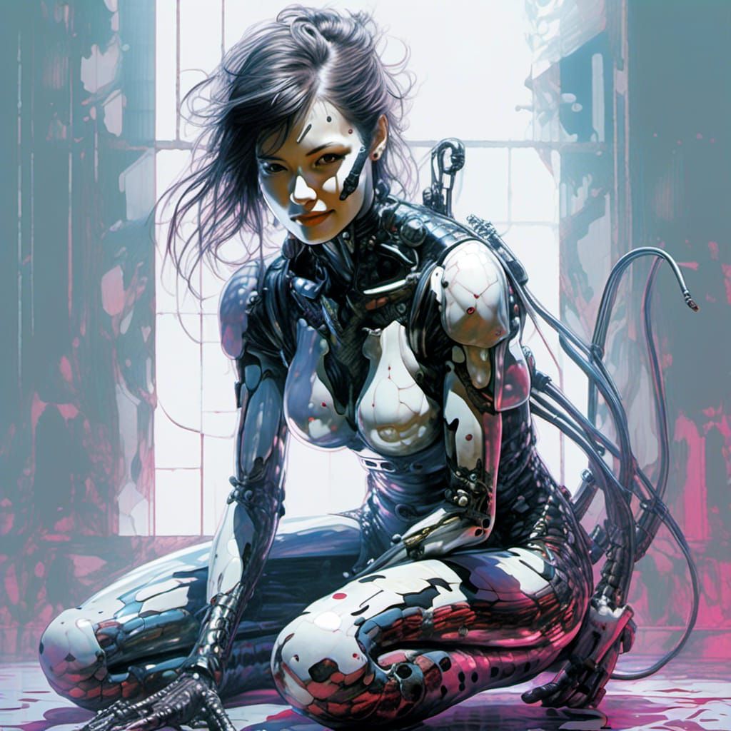 Cyborg Woman with Snake Eyes in Synthwave Style