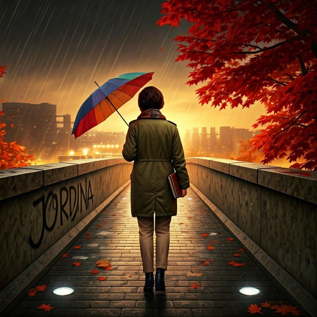 Woman on Bridge in Autumn Rain