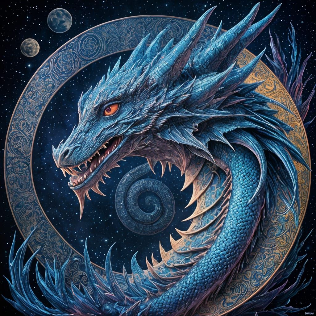 Holographic Blue Dragon in Astral Cosmic Illustration