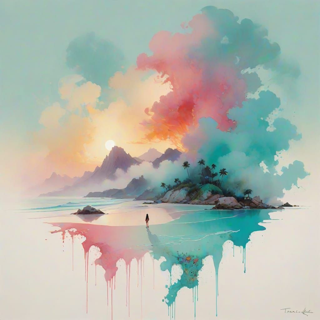 Pink Sand Beach Paradise in Color Wash Style