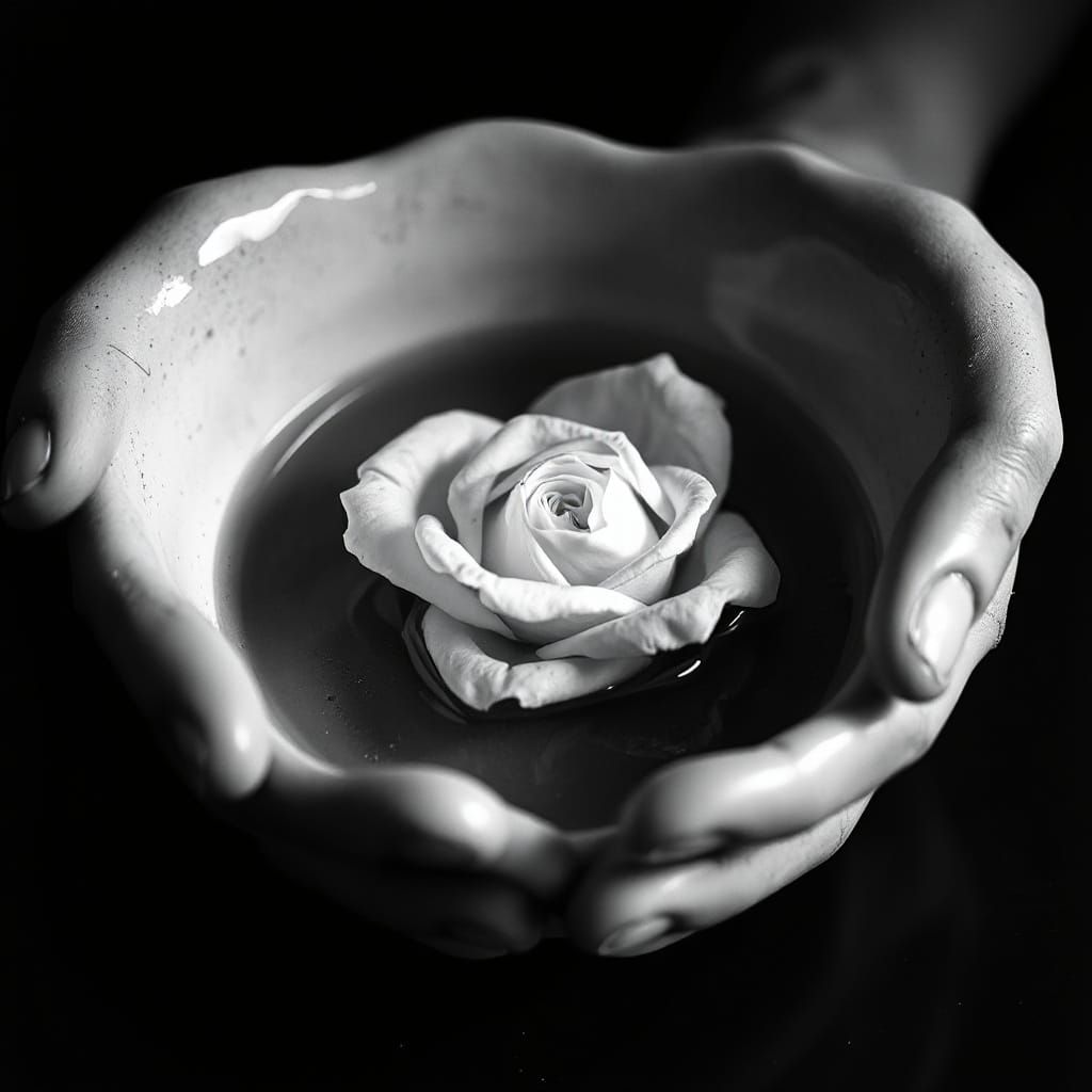 Macro photography. A white rose floats in a pottery bowl sha...