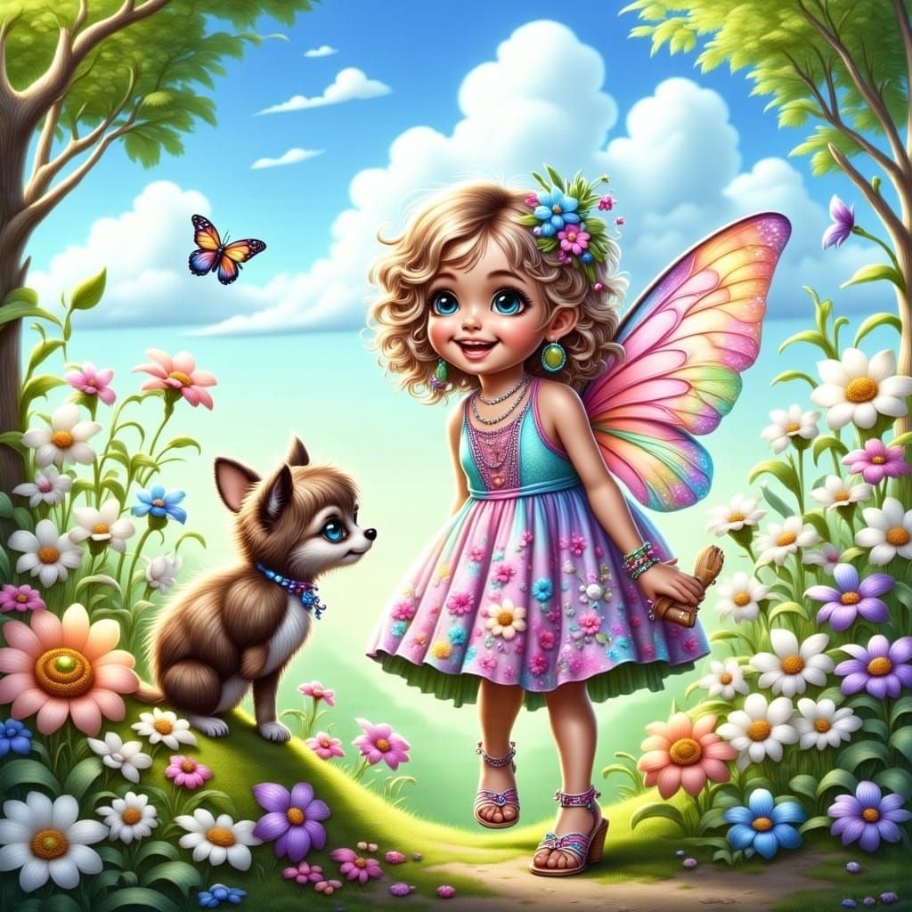 A cute little fairy girl in a fairy pinafore with beautiful ...