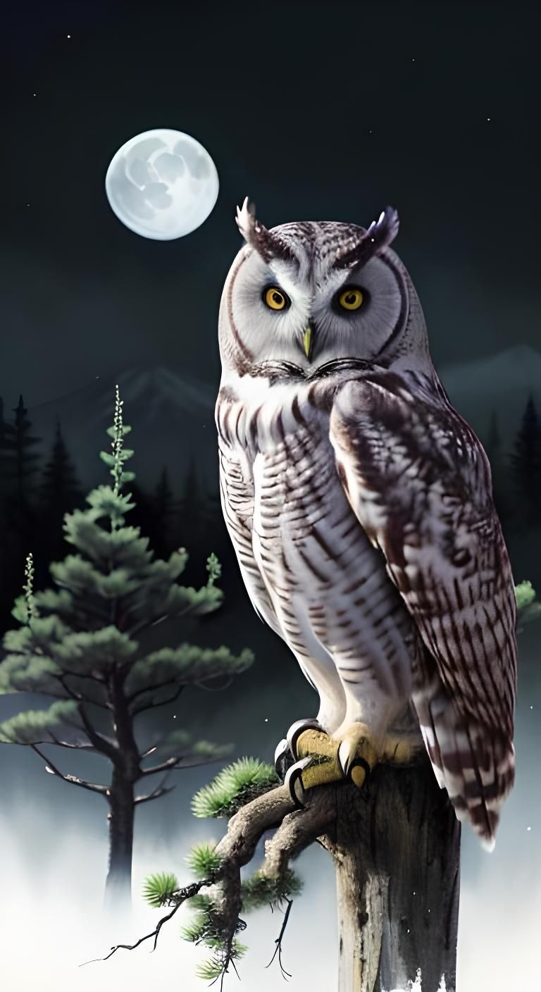 Owl in Mountains: Japanese Zen Watercolor