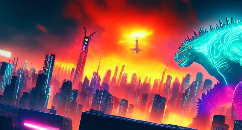 Neon Godzilla Destroys Cyberpunk City