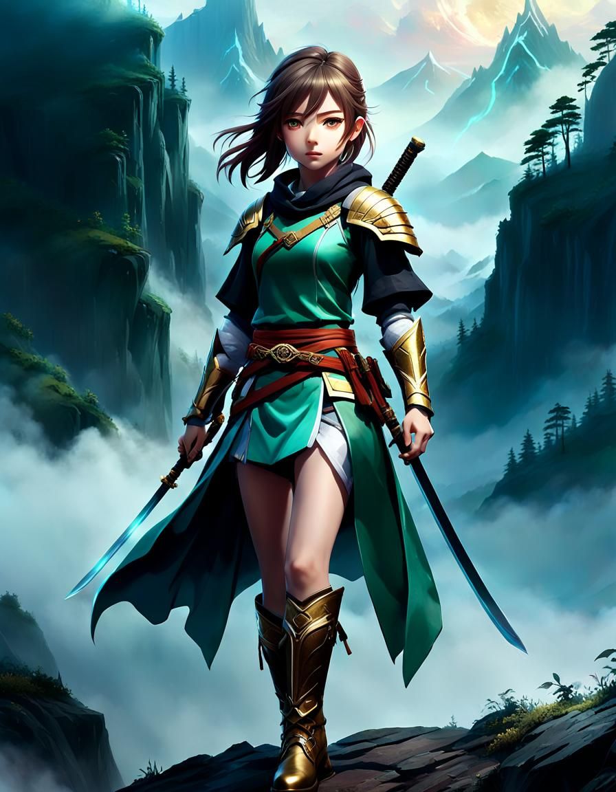 Heroic Young Girl in Majestic Anime Landscape