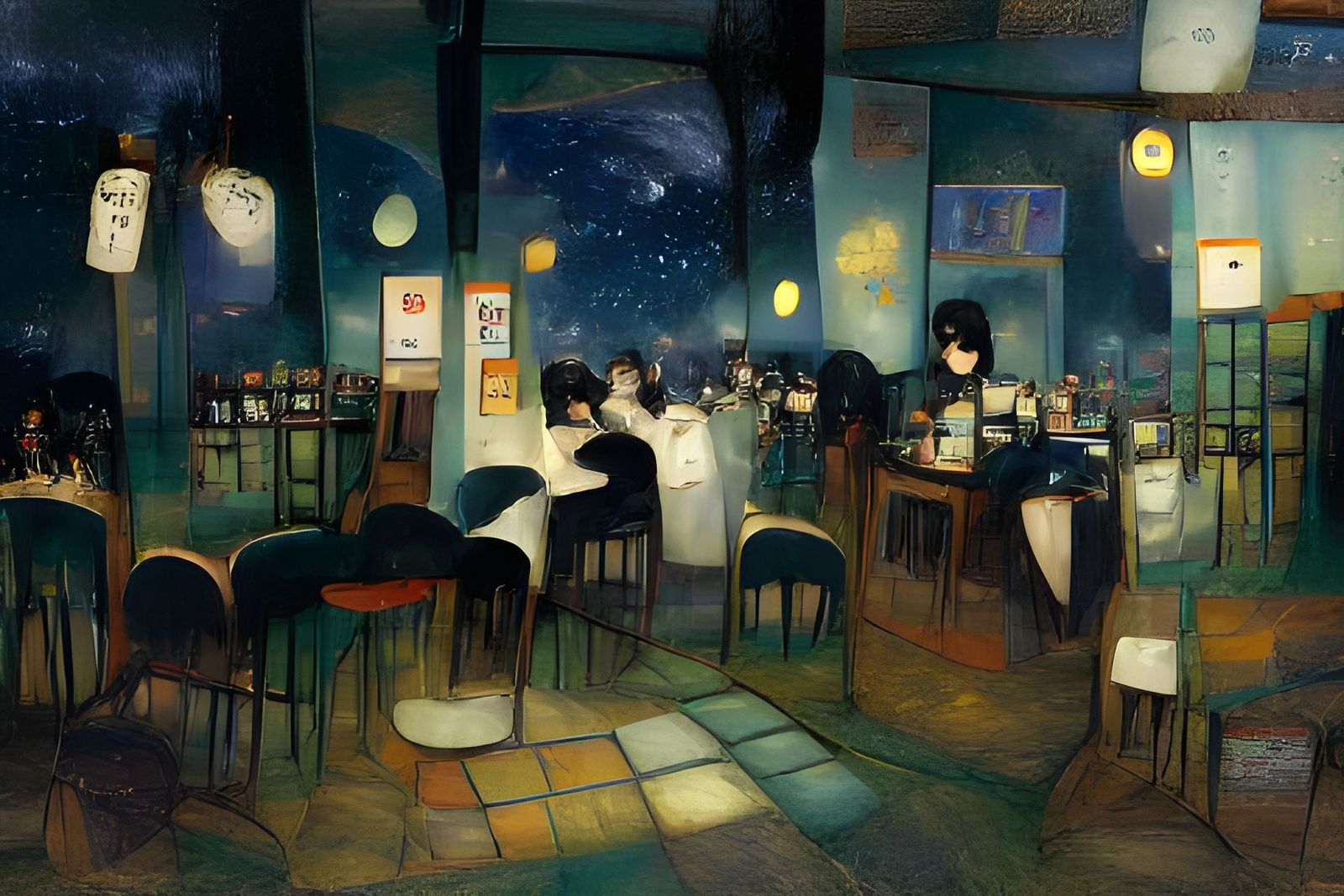 The Night Cafe by Van Gogh, AI recreation