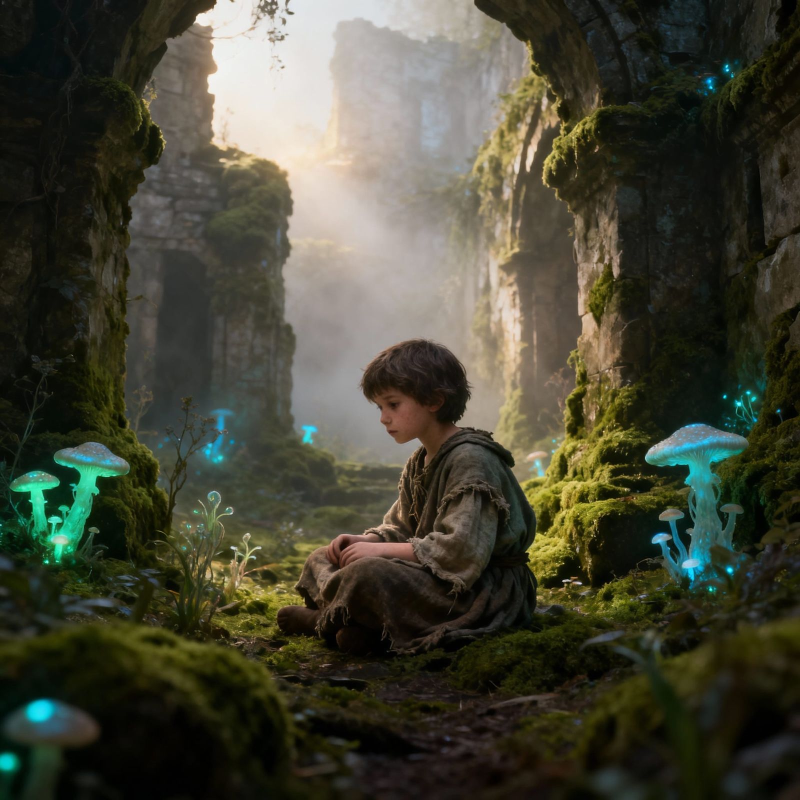 Cave Child in Bioluminescent Ruins