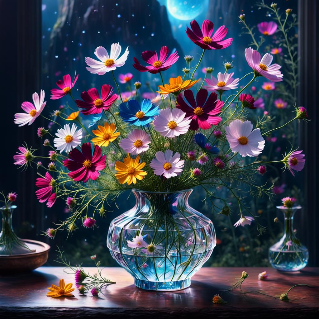 Cosmos Wildflowers in Crystal Vase: Digital Painting
