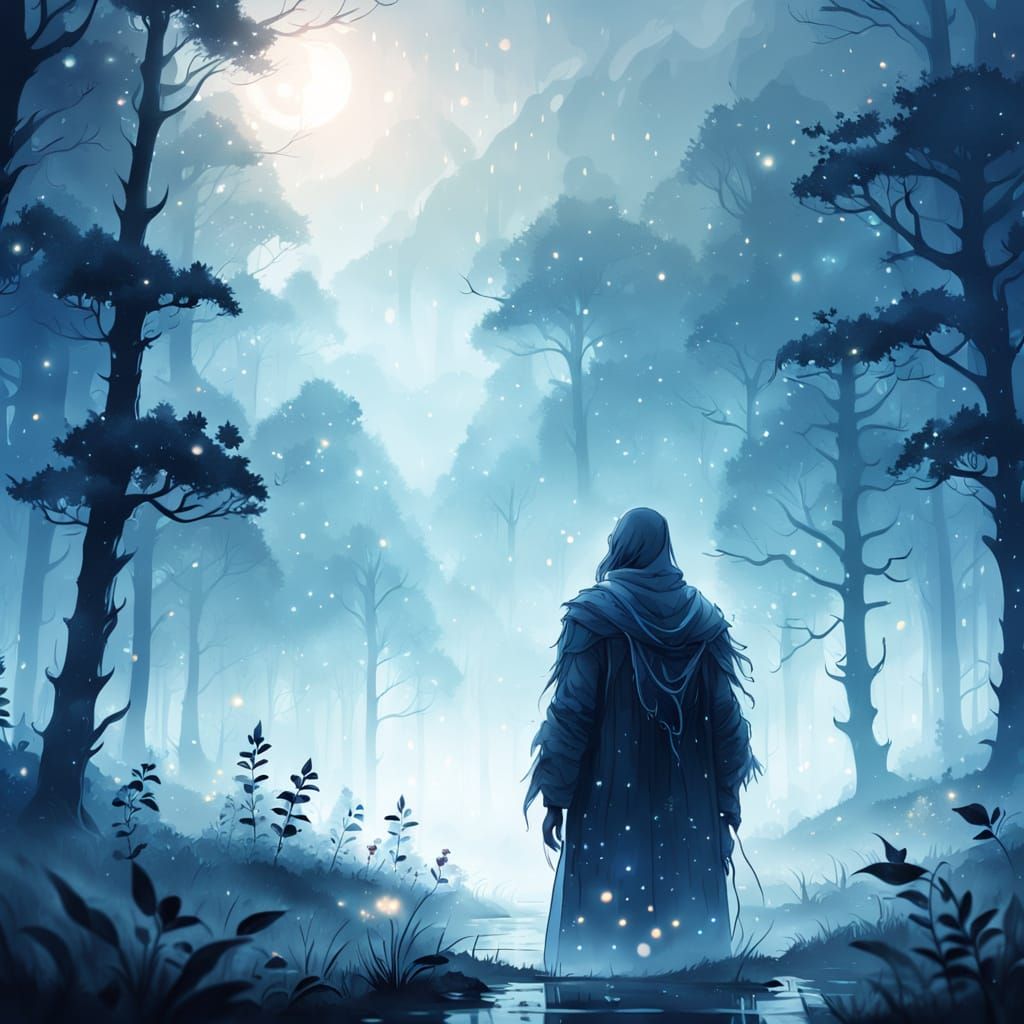 Ethereal Figure in Misty Forest: Digital Concept Art