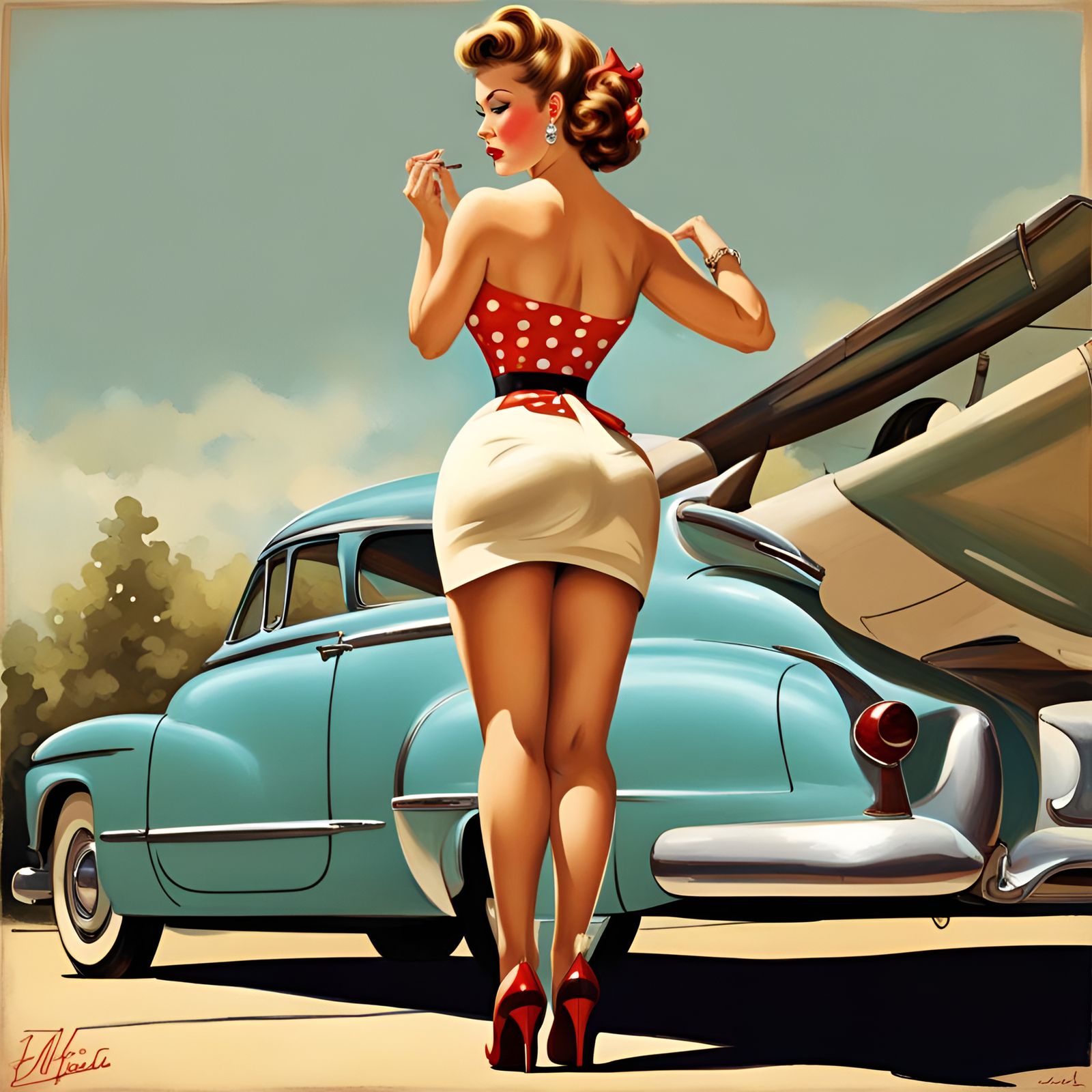 Vintage 1950s Pin-Up Girl Illustration