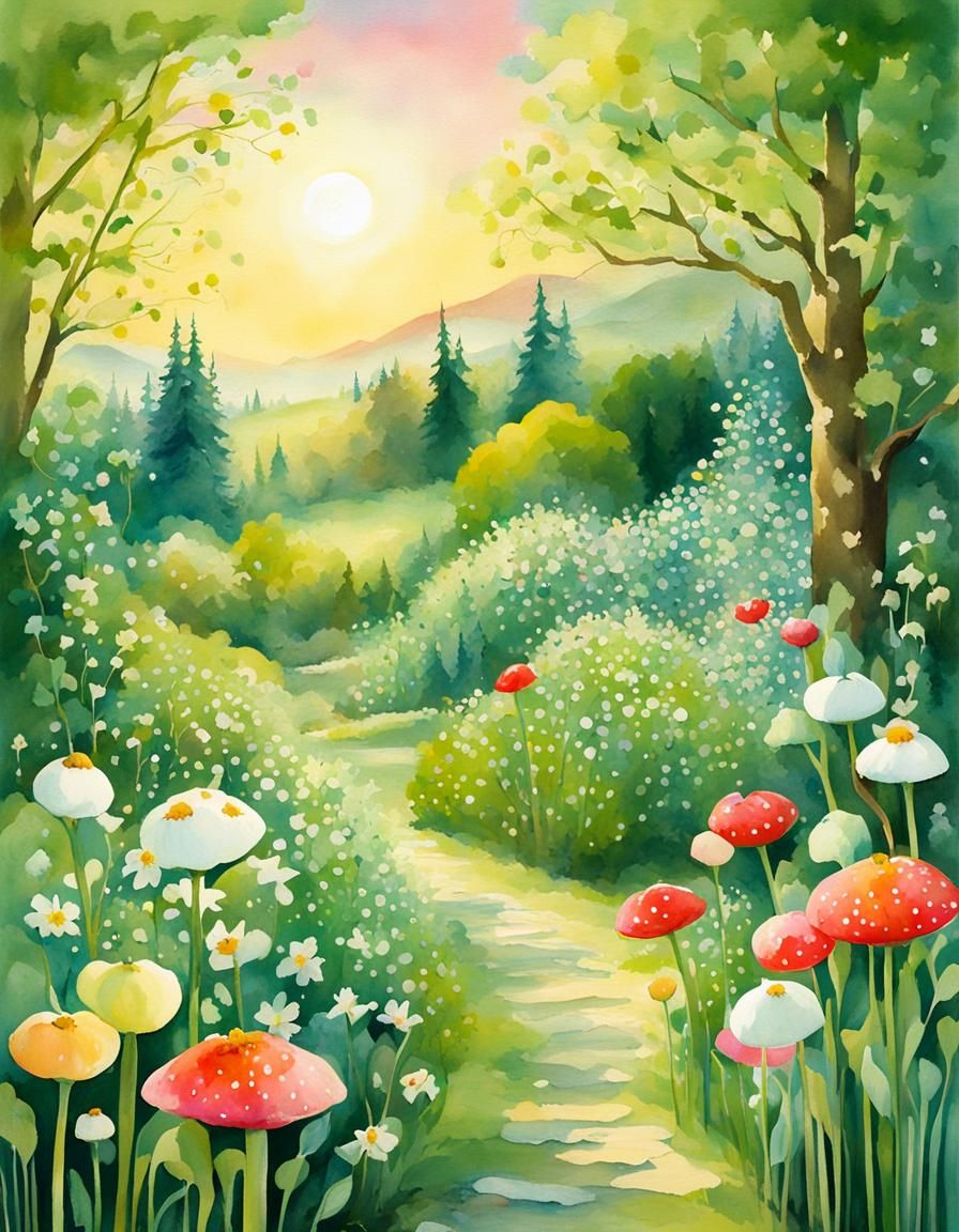 Fairytale Garden at Sunrise in Watercolor Style
