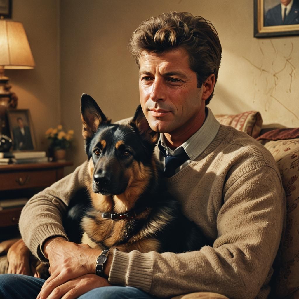JFK Jr Cuddling Shepherd in Cozy Room