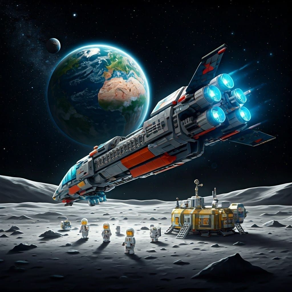 Futuristic Lego Spaceship Lands on Moon Base