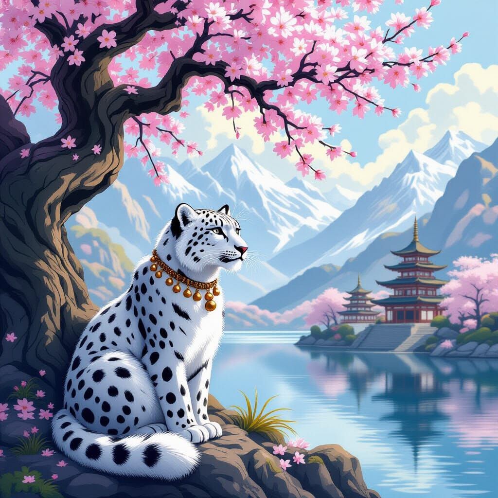 Snow Leopard Under Ancient Sakura Tree: Ethereal Digital Art