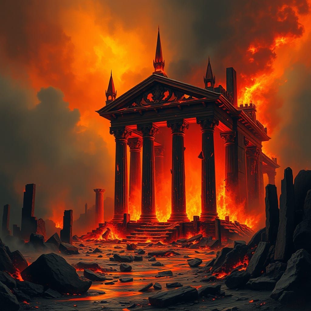 Inferno Consumes a Ruined Temple in a Haunting, Post-Apocaly...