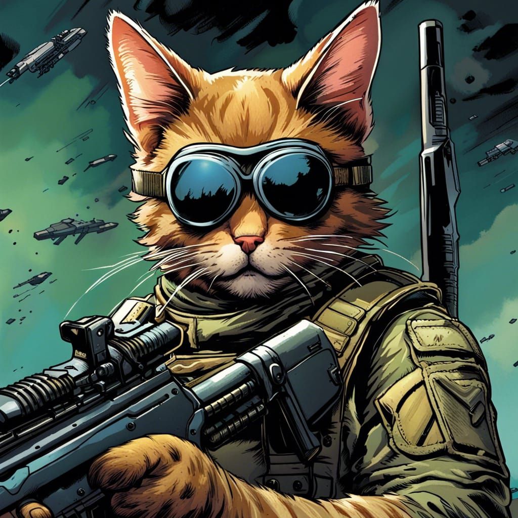 Goggled Cat Soldier in Comic Book Style