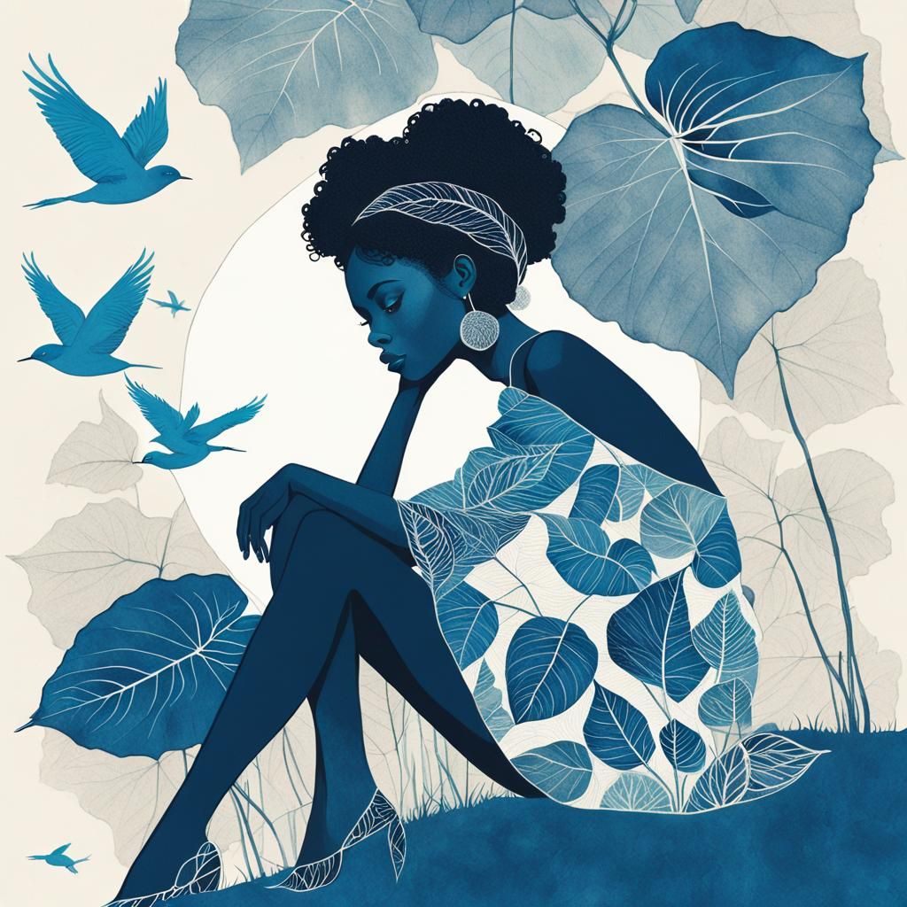 Girl on Leaf: Ethereal Cyanotype Mid-Century Illustration