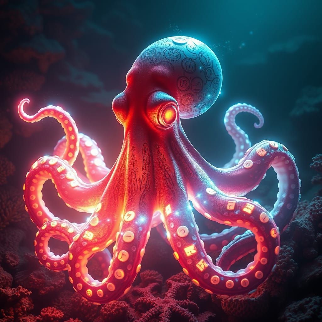 Prismatic Octopus in Glowing Coral Reef