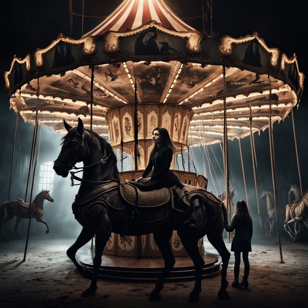 Girl on Broken Carousel with Shadow Creature