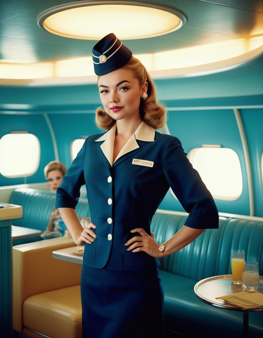 Vintage Hollywood Actress as Retro Flight Attendant in 1960s...