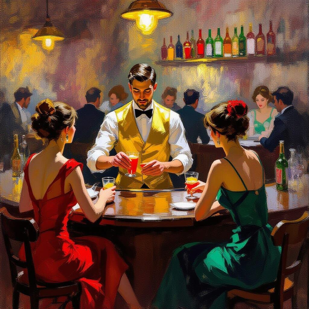 Impressionist Bartender Serving Drinks in a Vibrant Bar