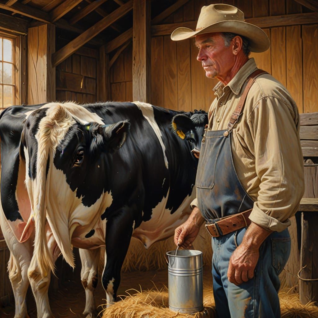 Milking Holstein Cow: Oil Painting by Gurney Style