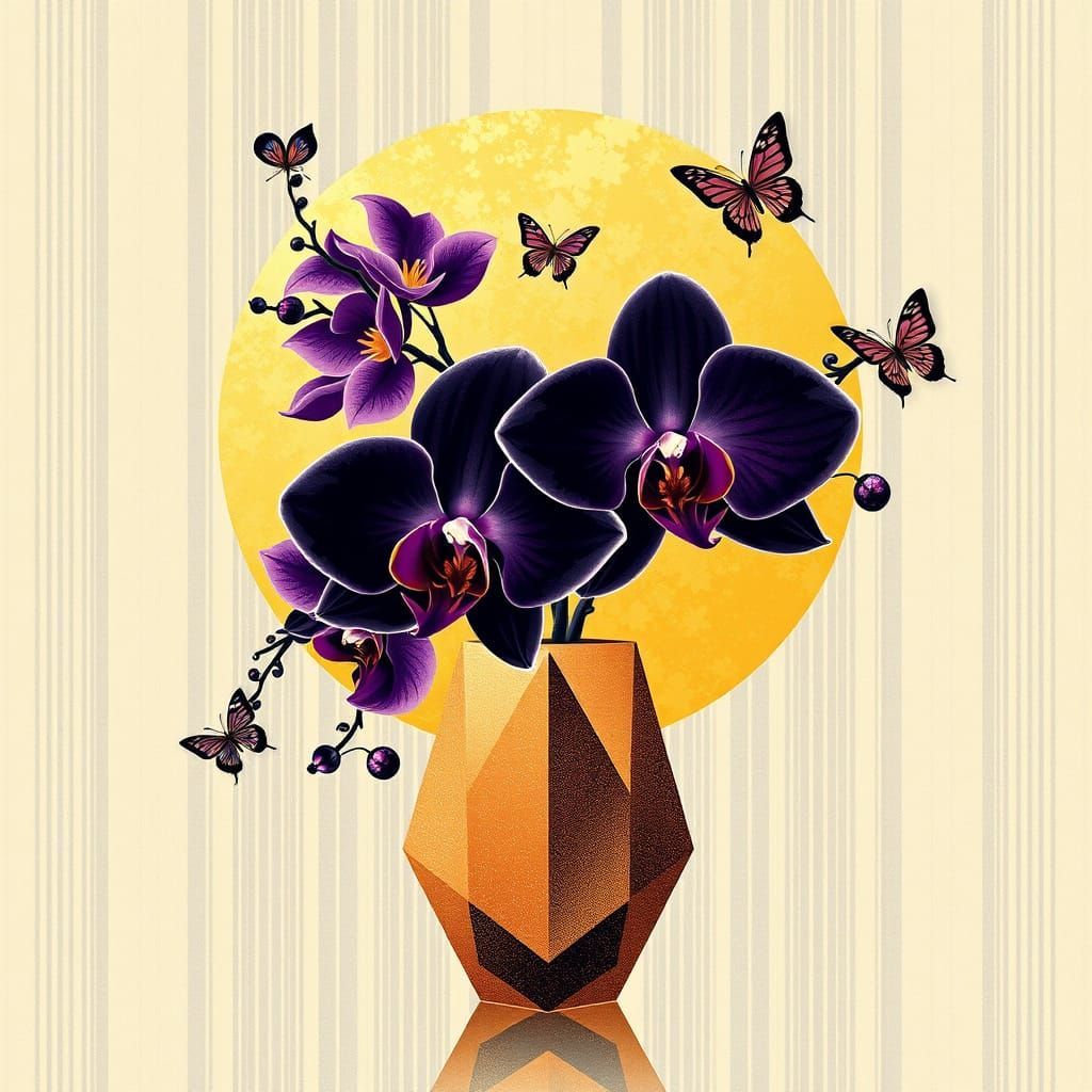 Golden Orchids in Geometric Vase Amidst Butterflies, Abstrac...