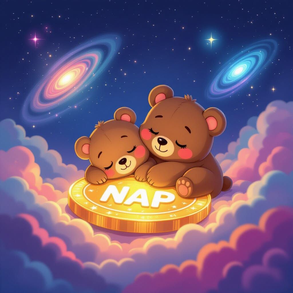 Cute Bear Sleeps on Galaxy Coin in Dreamy Style