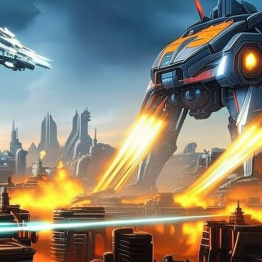 Giant Mech Robot Unleashing Lasers in Cityscape