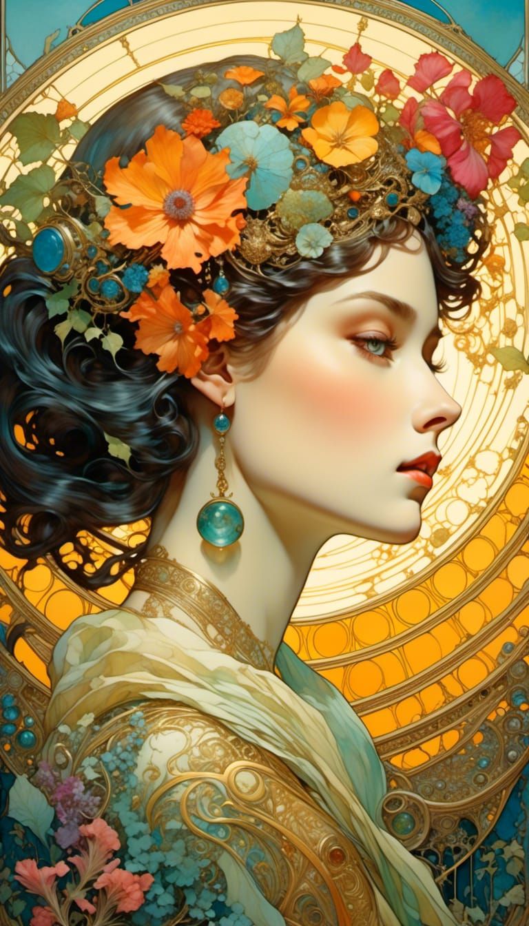 Girl in Botanical Garden with Halo, Art Nouveau Style
