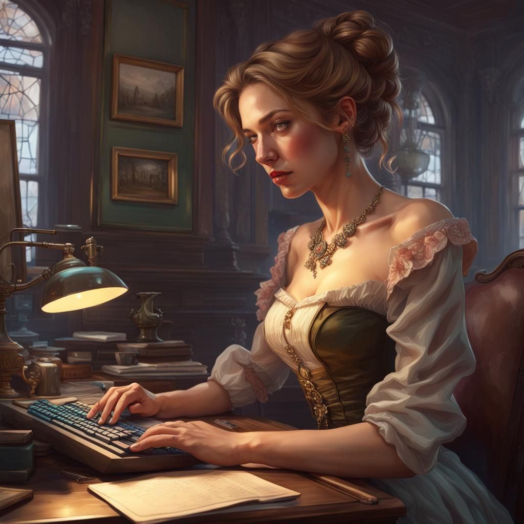 Woman at Desk in Hyperdetailed Art Nouveau Style