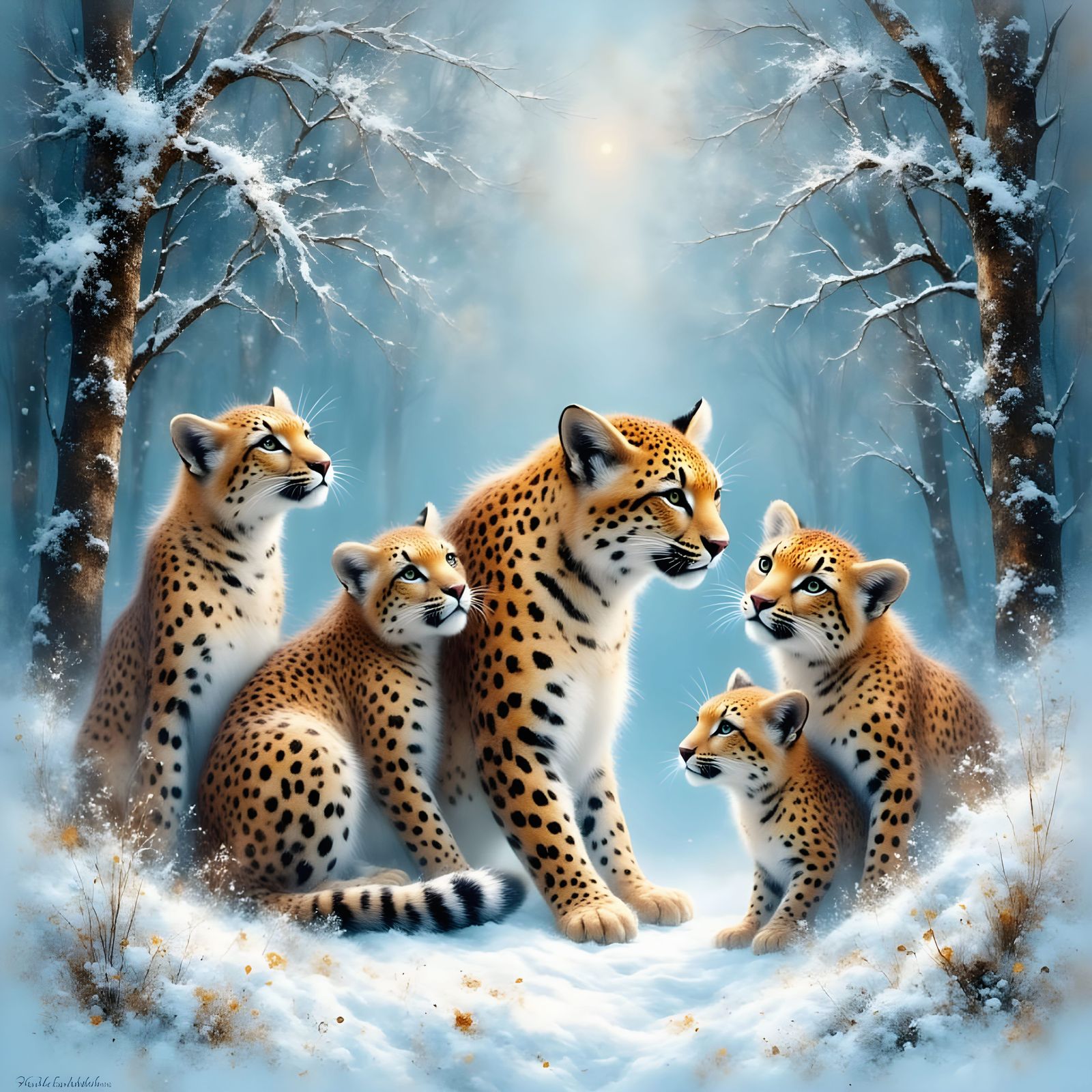 Surreal Snowy Scene of Amur Leopards at Play