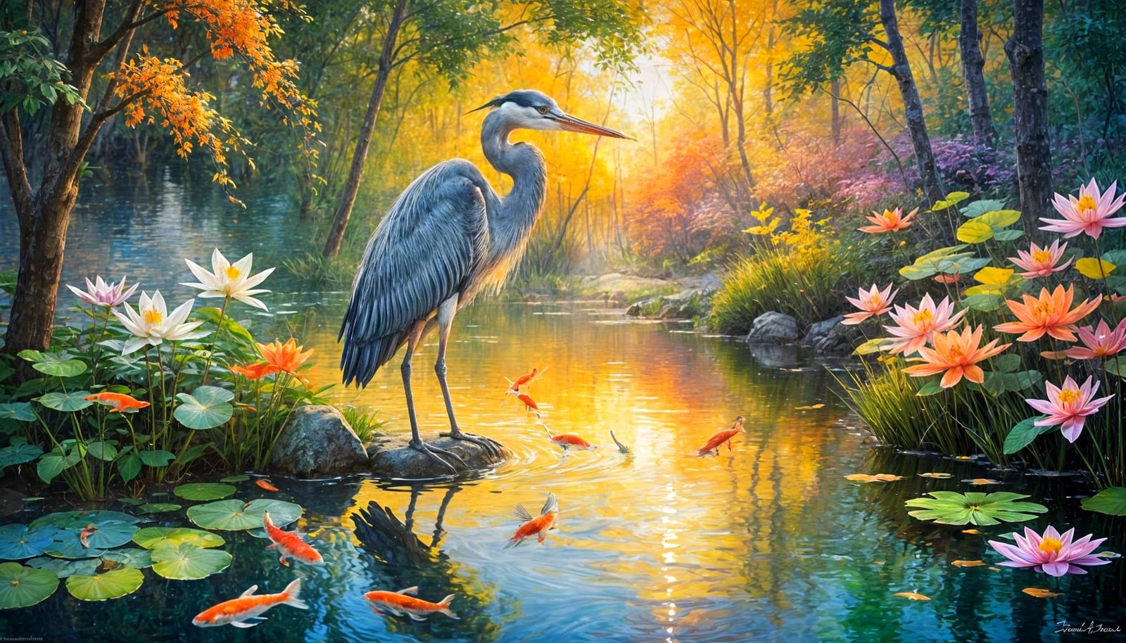 Heron in a Glowing Forest Pond