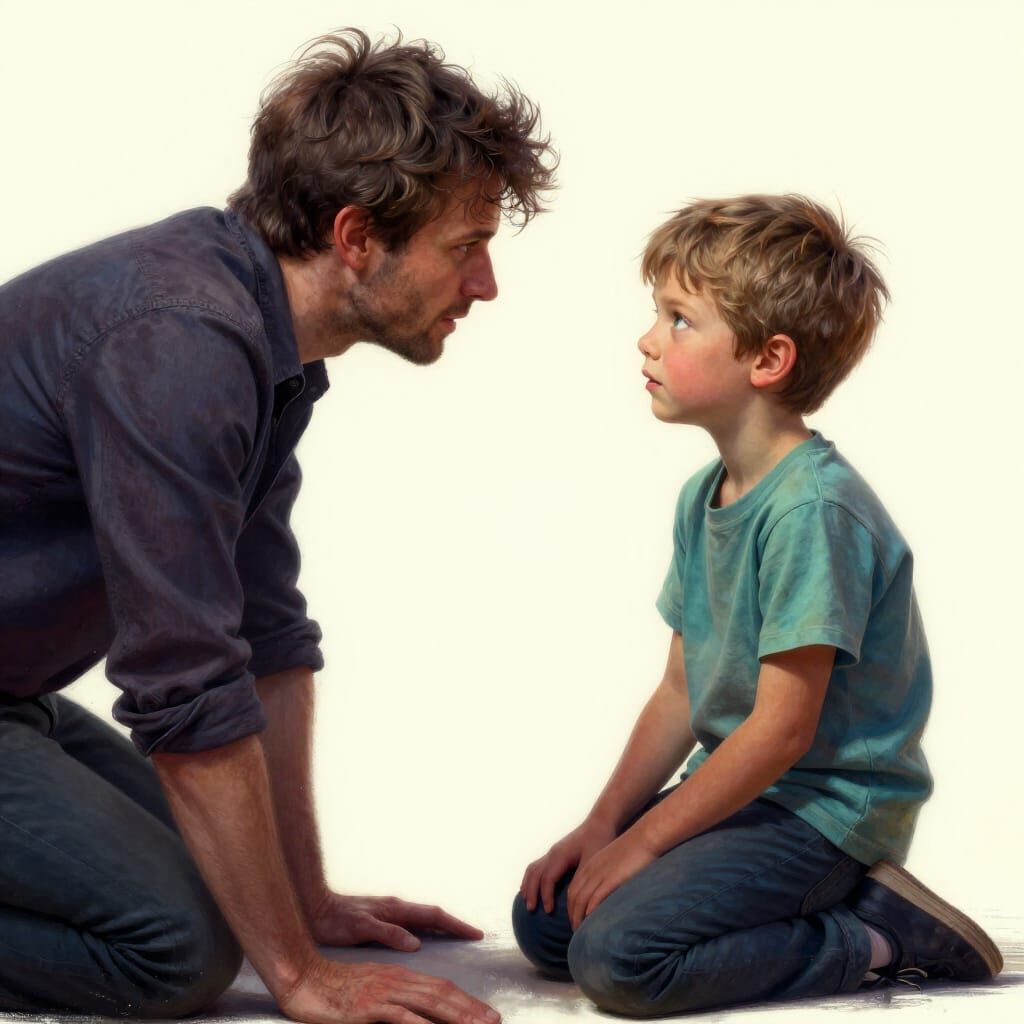 Parent Comforts Child in Realistic Portrait with Dynamic Lig...