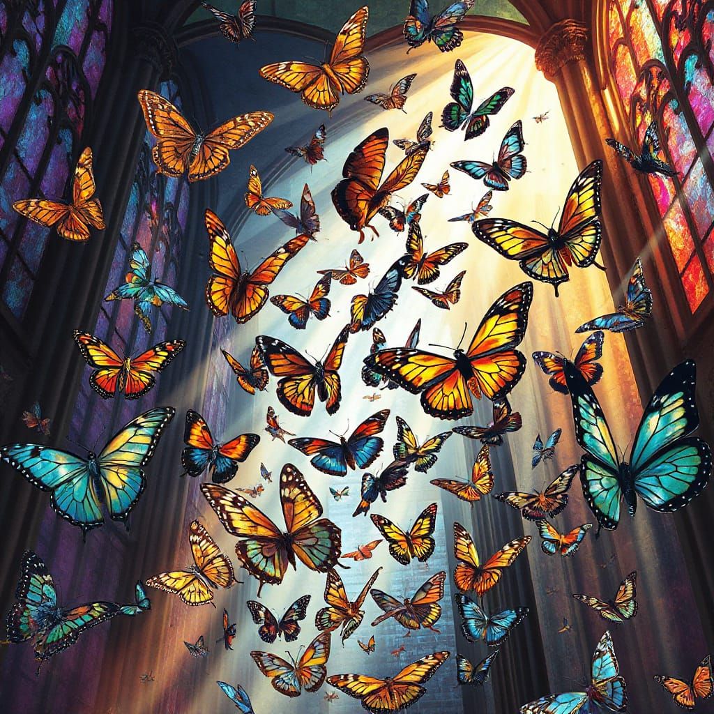 Stained Glass Butterflies in Cathedral Light
