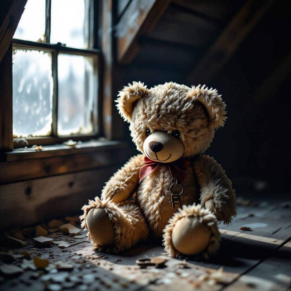 Tattered Teddy Bear with Rusty Key in Moonlight Attic