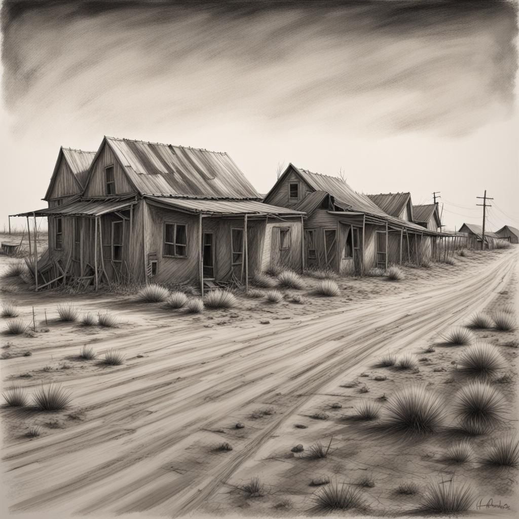 Detailed Charcoal Drawing of Dilapidated Texas Landscape