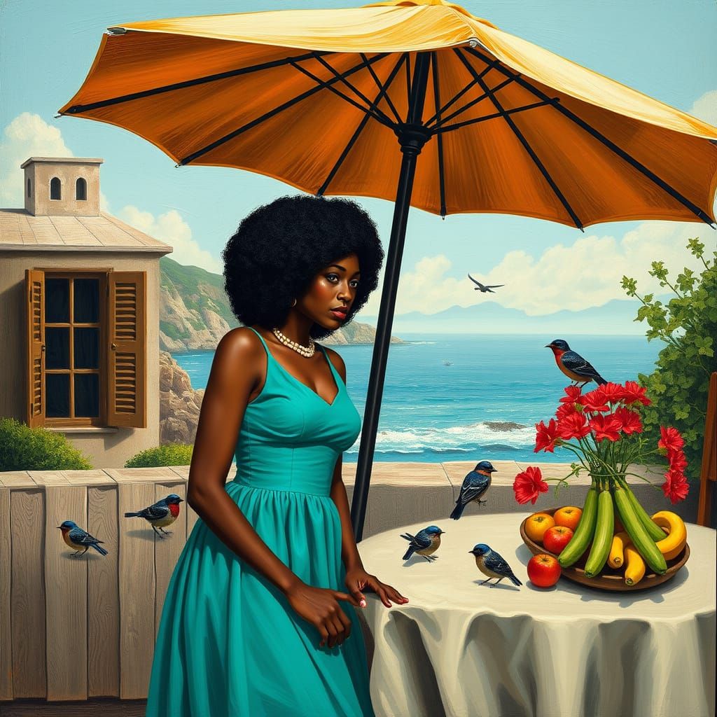 Coastal Scene with Woman, Birds, and Fruit Table