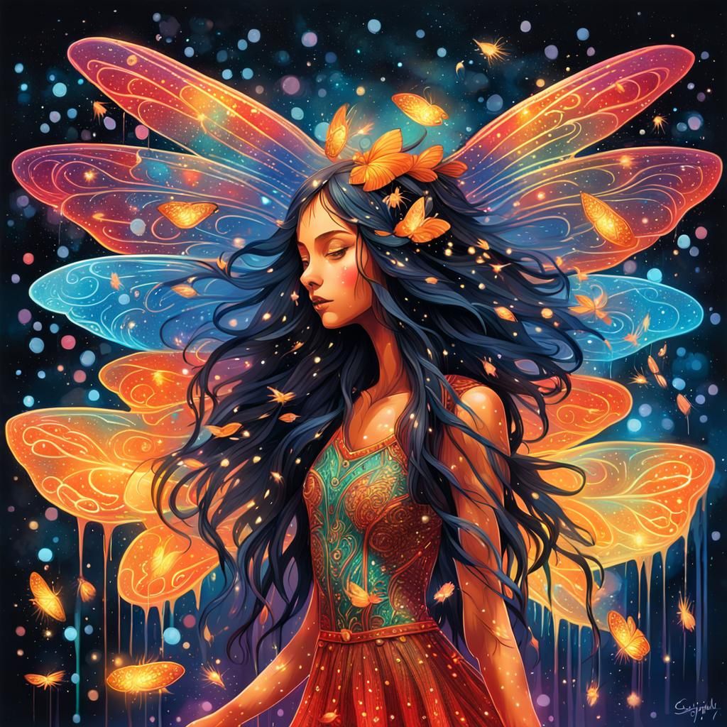 Ethereal Nymph Dancing with Fireflies: Graffiti Art